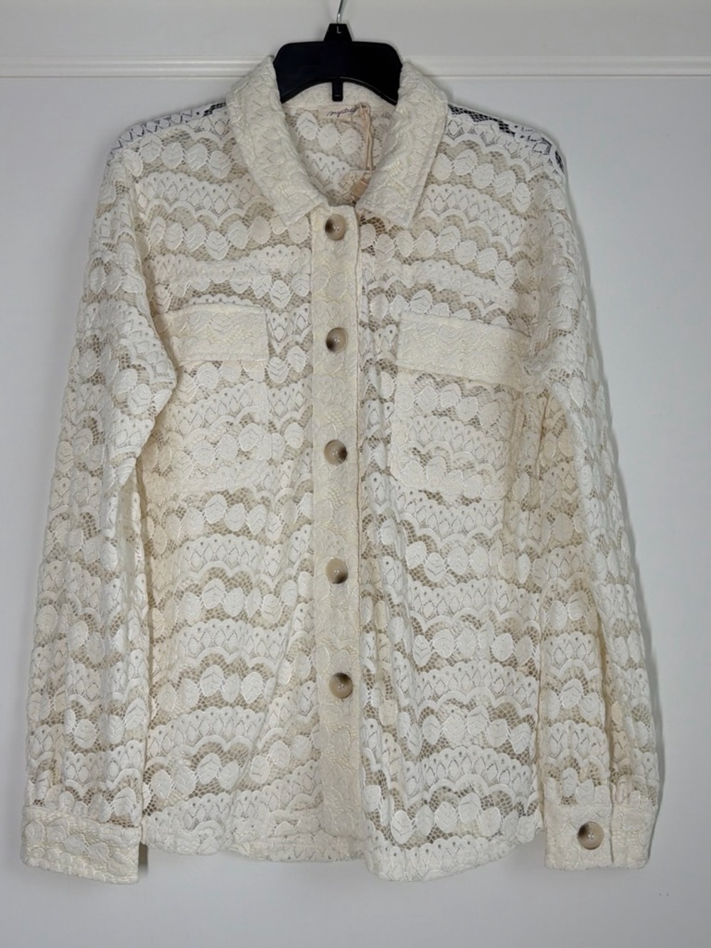 Mystree Lace Jacket Top Ivory Scalloped Button Down Size Large NWT